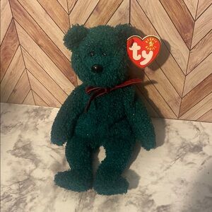 2001 Holiday Teddy Ty Green Bear Plush Toy